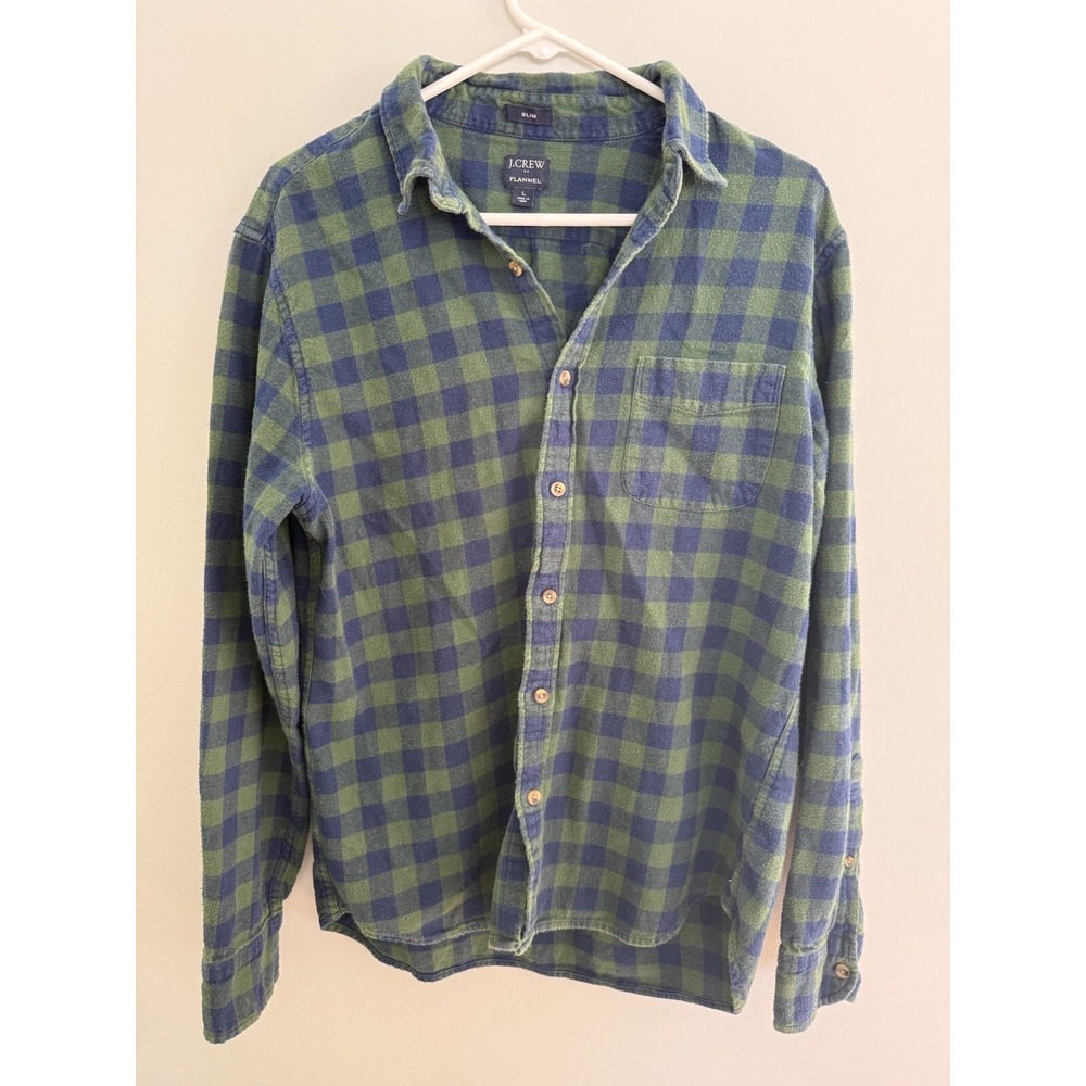 J Crew Shirt Adult L Slim Green Blue Blackwatch Plaid Flannel Business Work Mens
